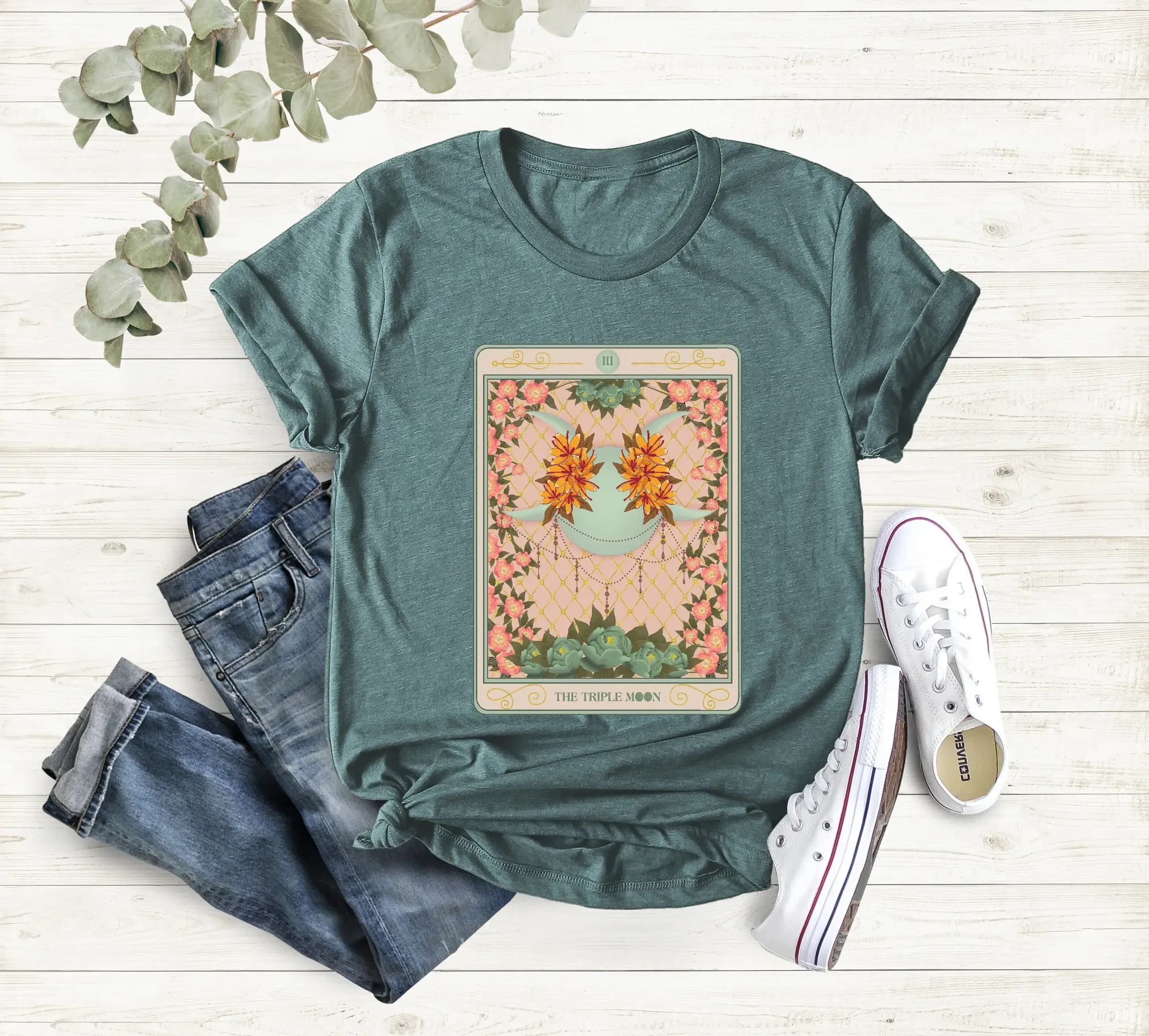T-shirt con Carta dei Tarocchi Tripla Luna, Abbigliamento Stile Strega, Fasi Mistiche, Celeste, Estivo, Spirituale