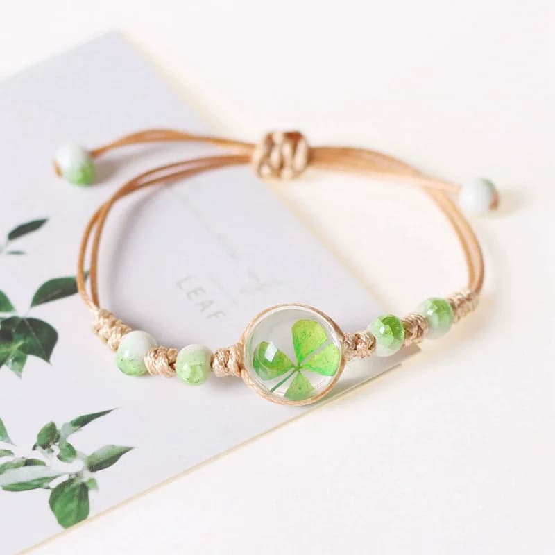 Boho Four Leaf Clover Eternal Flower Adjustable Bracelet for Women -Handmade Jewelry, Summer Beach Gift, Daily Wear Cute Present