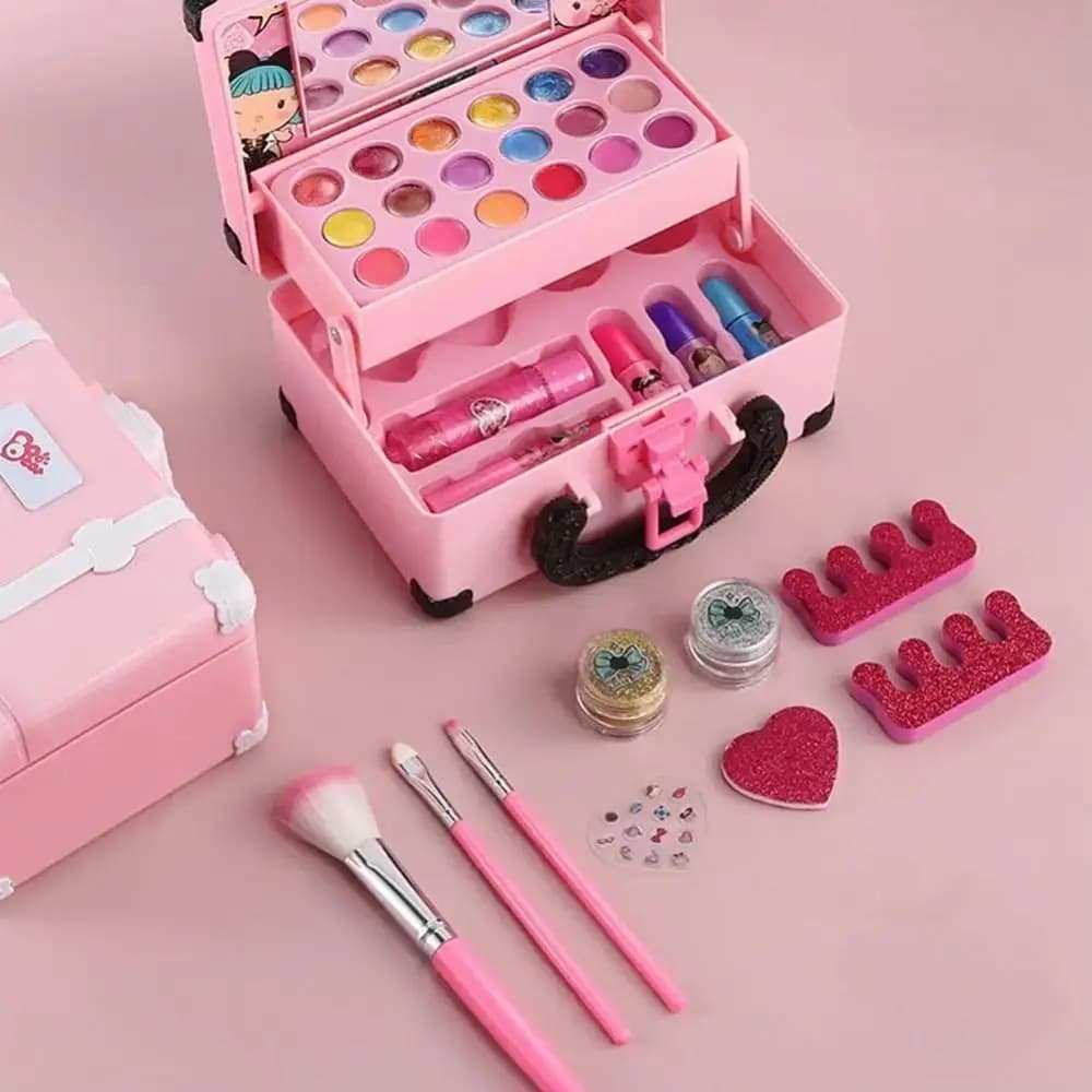 Set di Trucco per Bambini, Kit Portatile con Ombretto e Rossetto, Regalo di Compleanno, Set Cosmetico Educativo in Borsetta