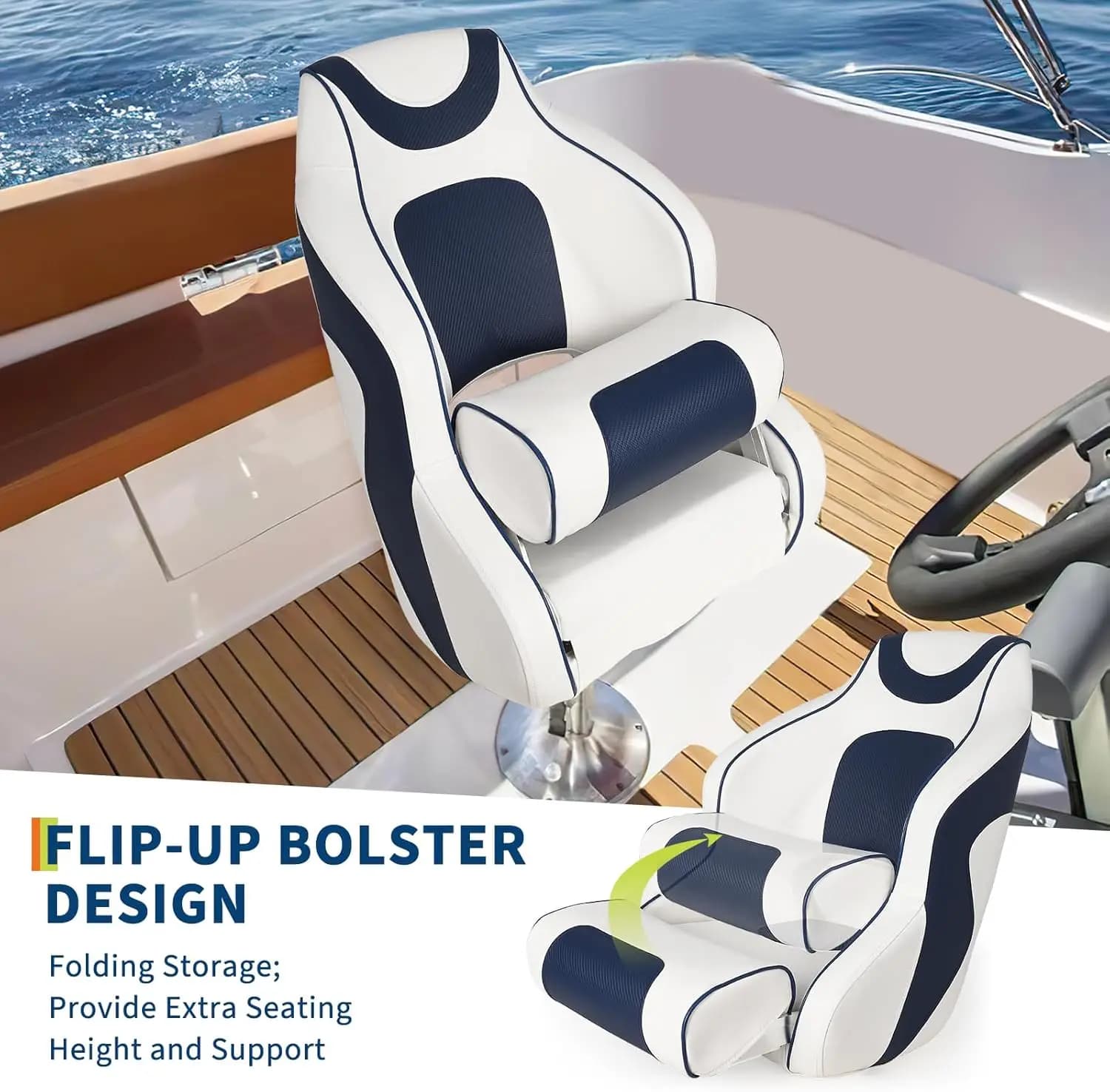 High Back Boat Seat with Flip-Up Armrests, Captain Chair for Fishing Pontoon Boats, Waterproof Marine Seat with Aluminum Hinges & Stainless Steel Hardware, 250 LBS Capacity