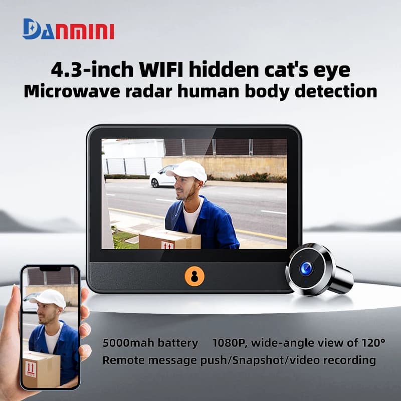 Danmini Campanello da 4.3 pollici Spioncino Mobile Tuya App Telecomando Spioncino digitale Visione notturna 1080P 2MP Cat Eye Telecamera per porta