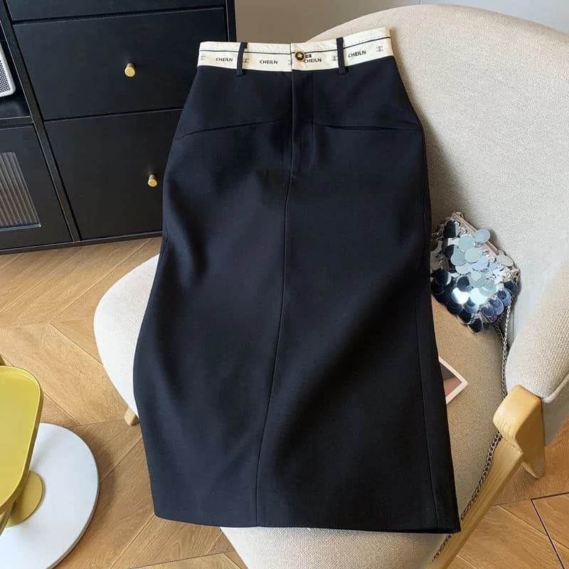 Gonna midi nera a vita alta da donna, gonna a tubino bodycon con fascia a contrasto, elegante gonna da ufficio/lavoro