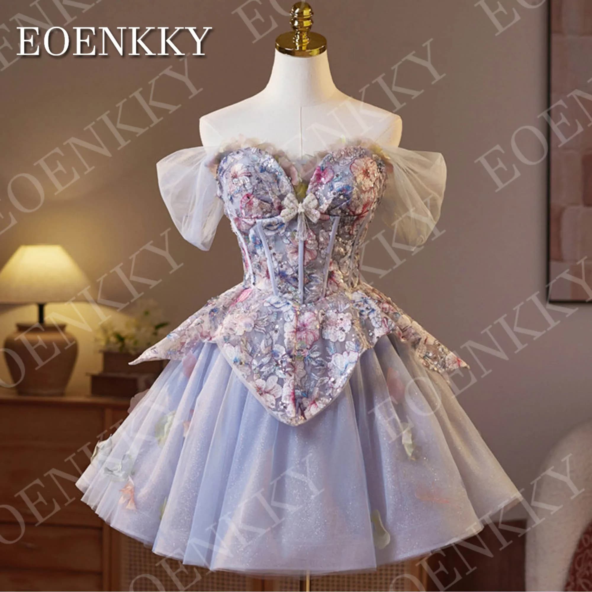 EOENKKY abiti da ballo corti viola chiaro per donna Glitter con spalle scoperte ricamo floreale con paillettes abito da festa gonfio personalizzato Abito da ballo corto viola chiaro per la donna Glitter Off Spalla Flor
