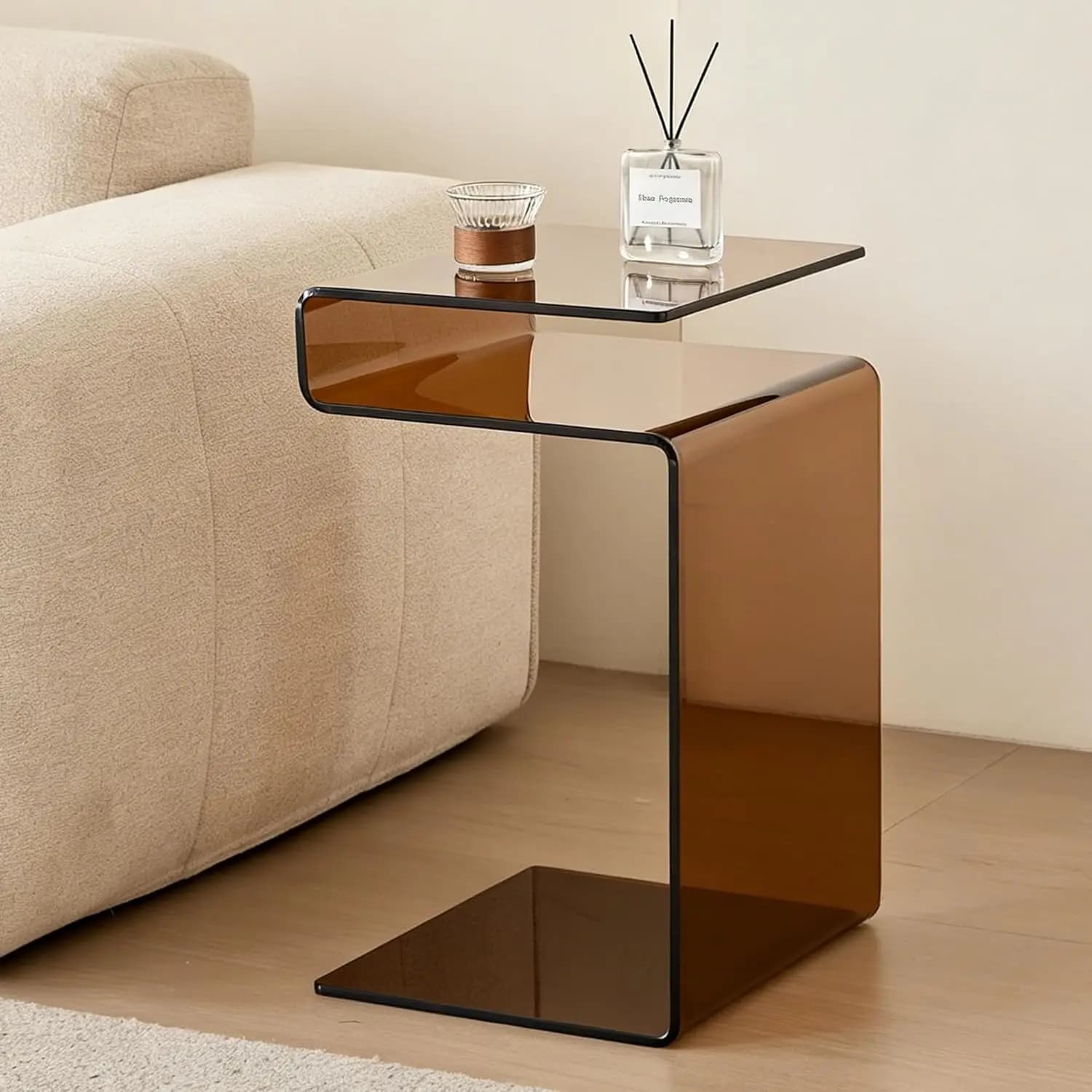 Glass Nightstand Side Table S-Shaped End Table for Living Room Bedroom Brown, Customized