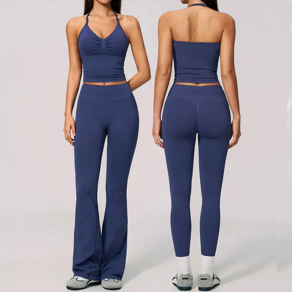 Women Seamless Ribbed 2PCS Yoga Set Halter Crop Tank Scrunch Butt Pants Shorts Fitness Suit Gym Clothing Training Athletic Wear