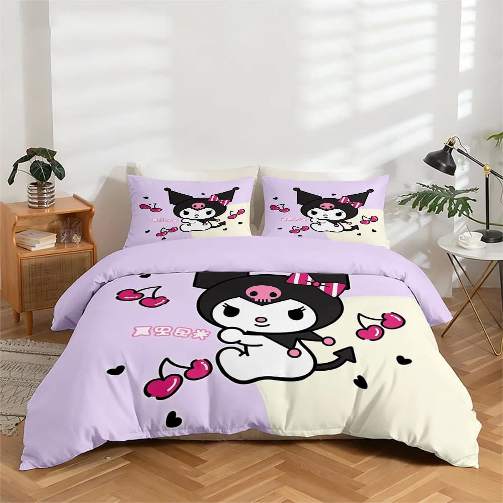 Set of sheets with high-definition digital print in 3 pieces, set of sheets with Kuromi pattern, set with large floral print, includes 1 sheet with corners + 2 pillowcase, suitable for bedroom, guest room, home decorations, bed linen with polyester fibre corners + pillowcase, ultra soft bed linen, thick fabric, comfortable for all seasons, washing machine