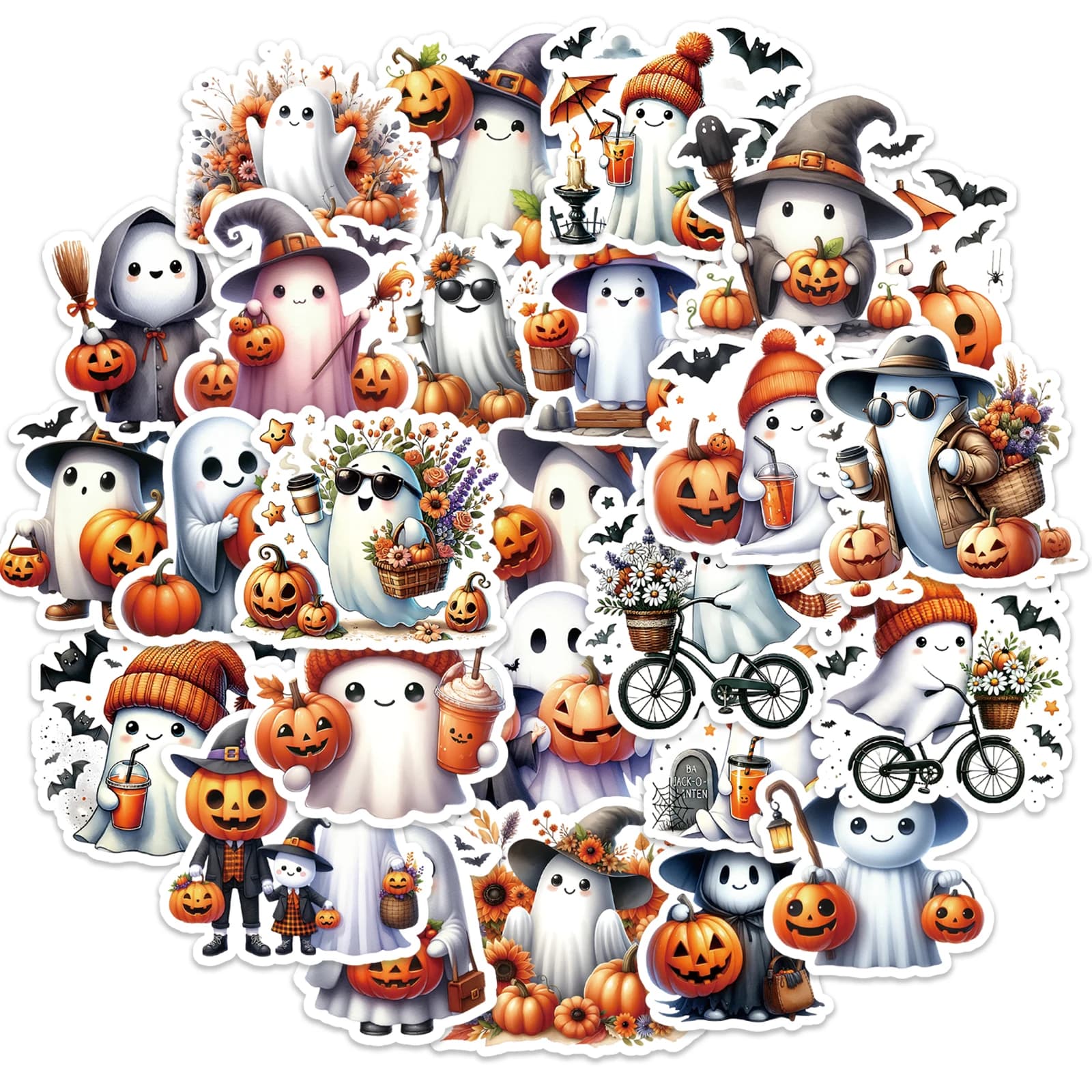 50PCS Halloween Pumpkin Ghost Stickers For Junk Journal Phone Laptop Water Bottle Decoration Sticker Toy Scrapbooking Supplies
