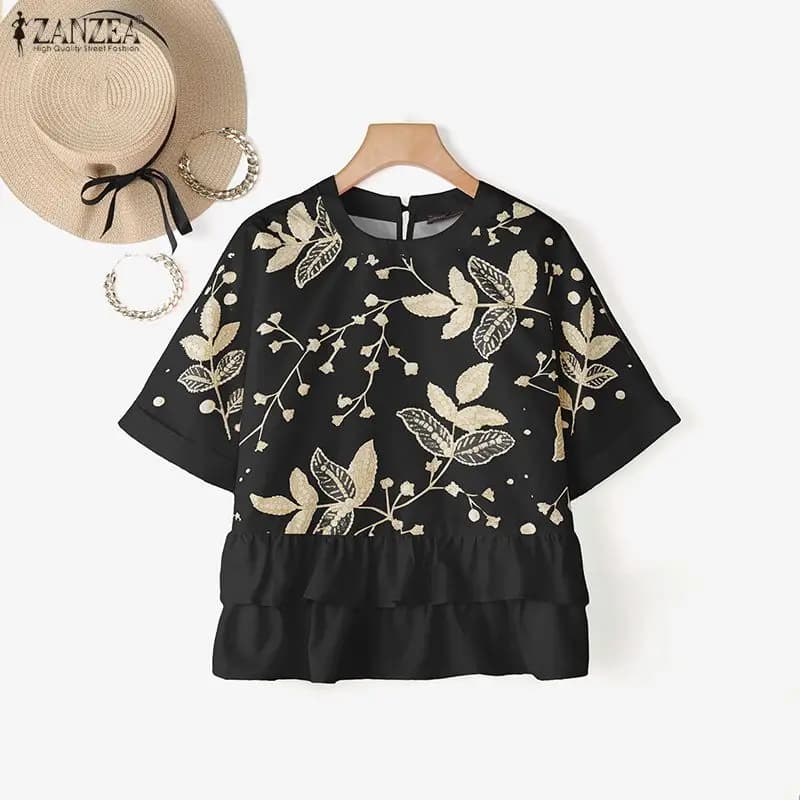 Summer Casual Short Sleeve Thin Women Blouses Print Tops ZANZEA O Neck Ruffles Tops Oversize OL Work Party Blusas Tunic S-3XL