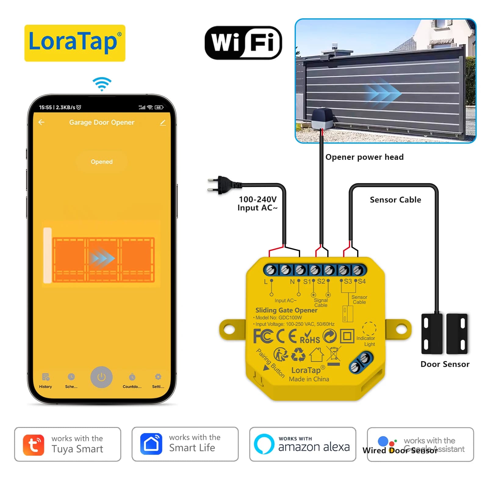 LoraTap Tuya Smart Life Articulated Arm Motor Opener Controller Security Protection Alert System Voice Control Google Home Alexa