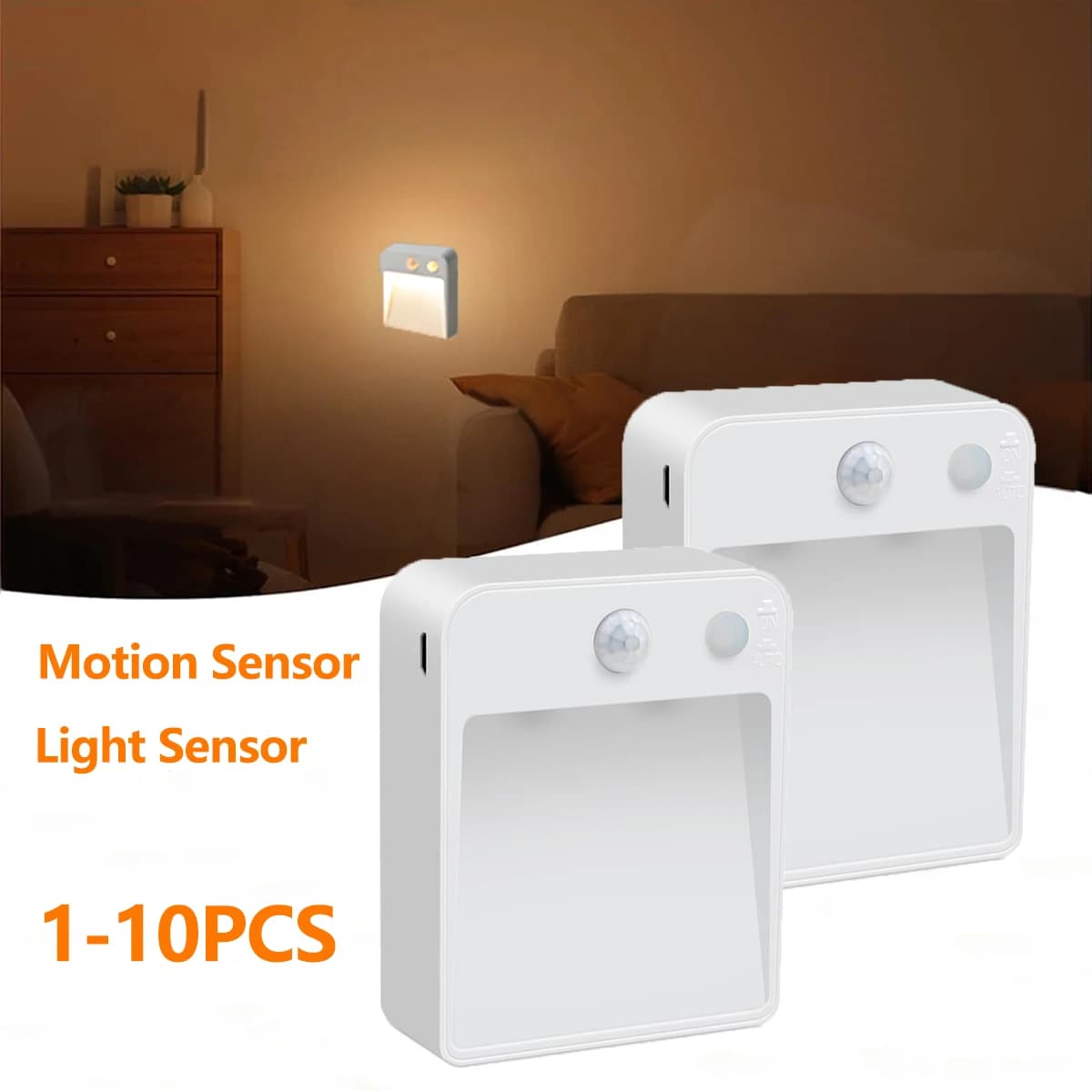 1-10Pcs LED Night Light Automatic Dusk to Dawn Photocell Sensor Night Lighting Wall Lamp,Battery Powered Lamp for Stair Hallway