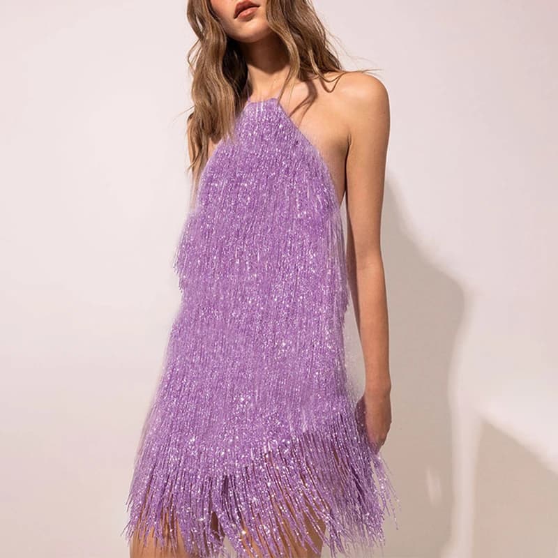 Lady Elegant Suspender Tassel Party Evening Dres Sexy Hang Neck Off Shoulder Mini Dress Charming Solid Backless High Waist Dress