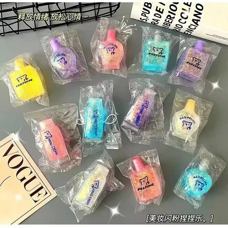 Giocattolo musicale trasparente con polvere dorata, flacone per crema mani antistress, porta smalto per unghie
