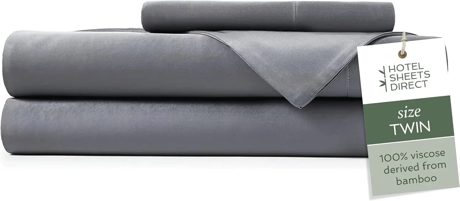 3 Piece Bamboo Sheet Set Twin Size, Cooling & Silky Soft, Deep Pocket, Moisture Wicking, Dark Gray