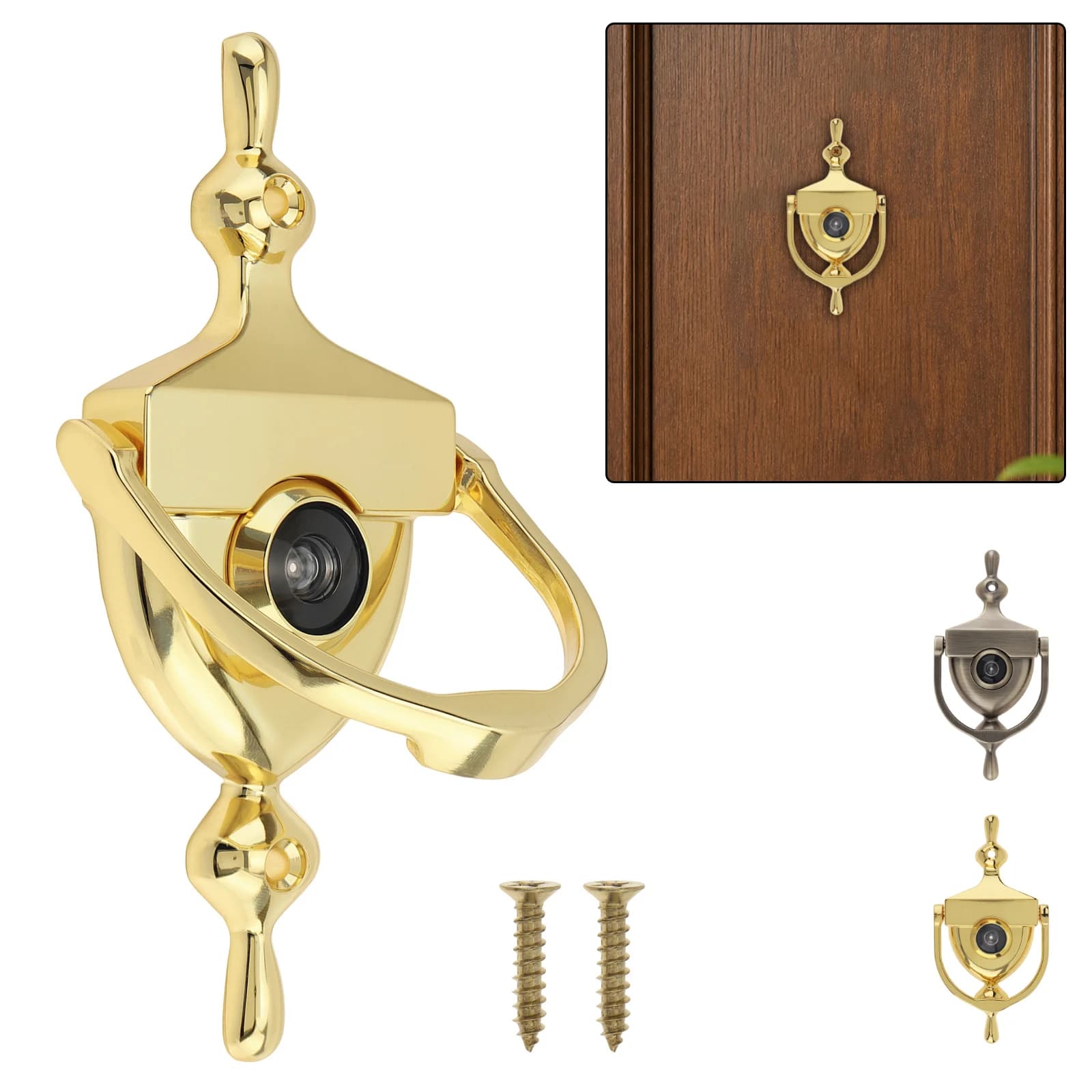 Zinc Alloy Door Knocker with 14mm Solid Brass Door Viewer Rotating Privacy Cover Security Peek Peep Hole Door Handle Doorknocker