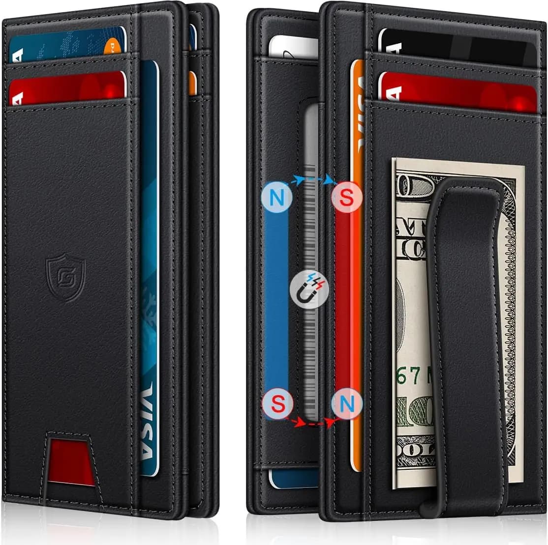 Portafoglio Minimalista in Pelle da Uomo con Blocco RFID, Chiusura Magnetica, 14 Scomparti per Carte, Tasca Frontale, Bifold, Nero