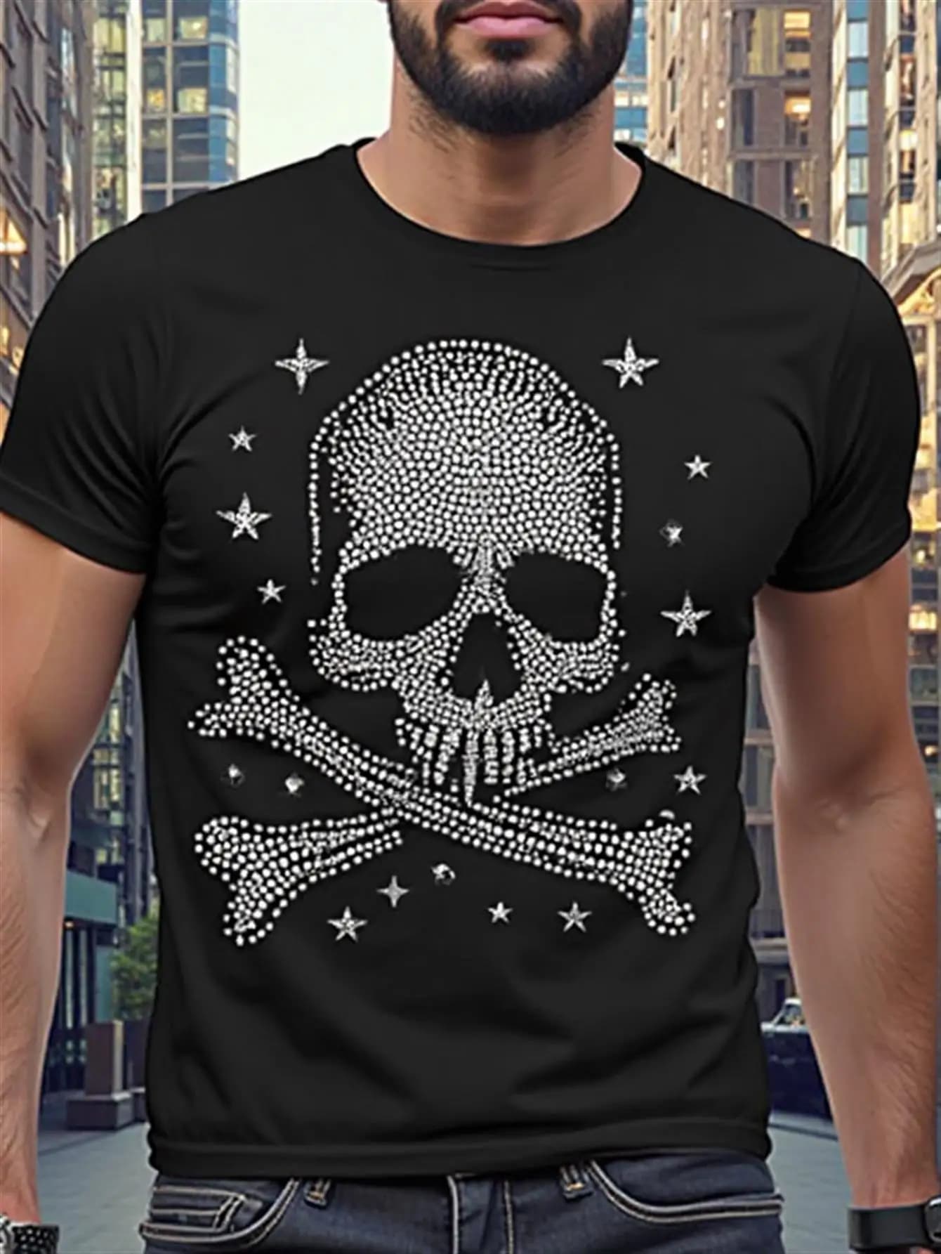 T-shirt da uomo in cotone con motivo teschio con strass nero lucido, girocollo, camicia da pirata gotica casual, comoda per tutte le stagioni, adatta per feste a tema e abbigliamento quotidiano, lavabile in lavatrice, regalo per le vacanze di Halloween