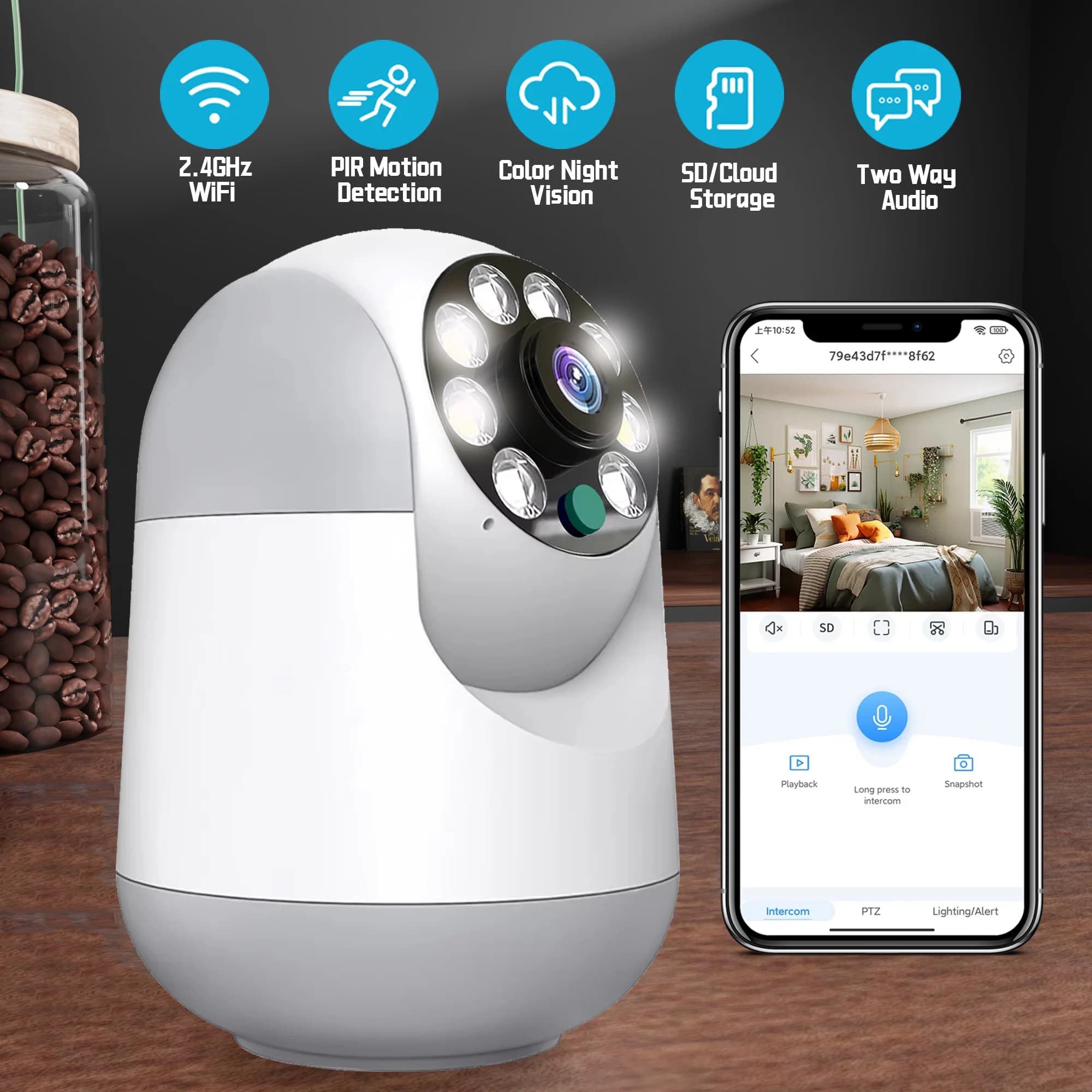 Smart Home WiFi 2.4GHz 3MP, Security and Surveillance Camera with PIR Detection, PTZ 360° and Night Vision