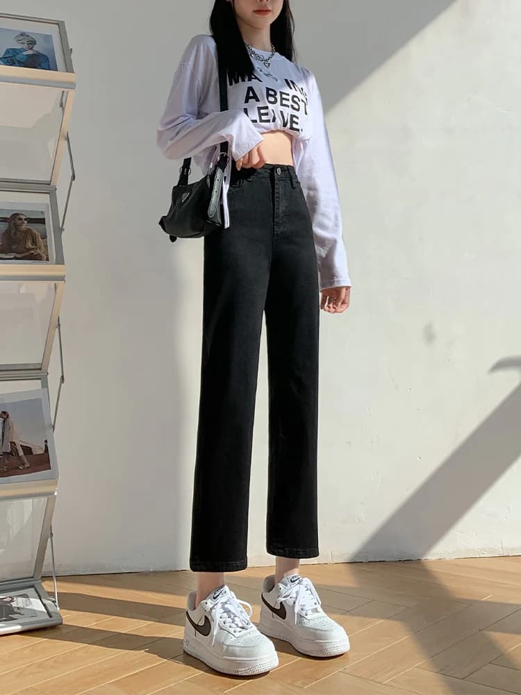 High Waist Loose Fit Chic Hong Kong Style Straight Leg Jeans Women's Black Slimming Nine-Piece Denim Pants Spring Autumn New ...