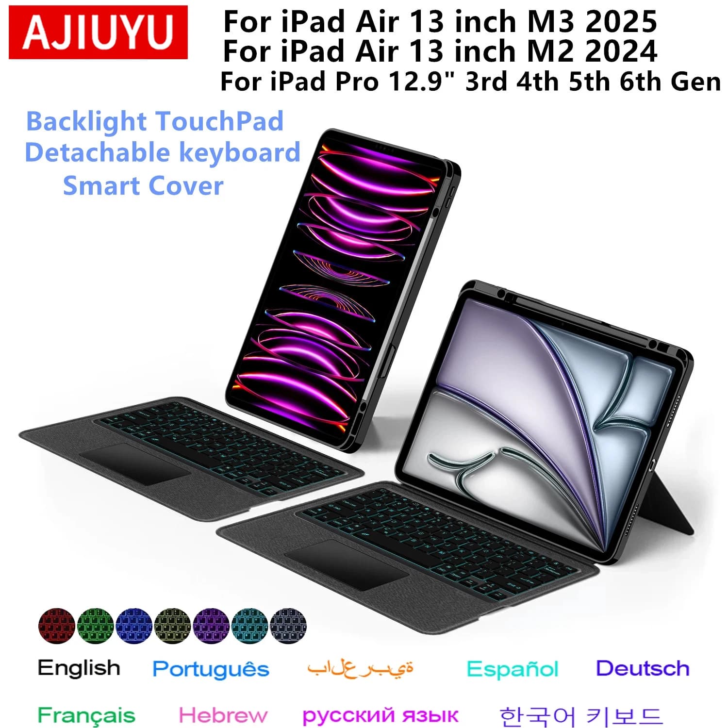 Custodia con tastiera magica per iPad Air 13 pollici M3 2025 M2 Pro 12.9 Tablet Spagnolo Portoghese Ebraico Tedesco Coreano Tastiera Cover Folio