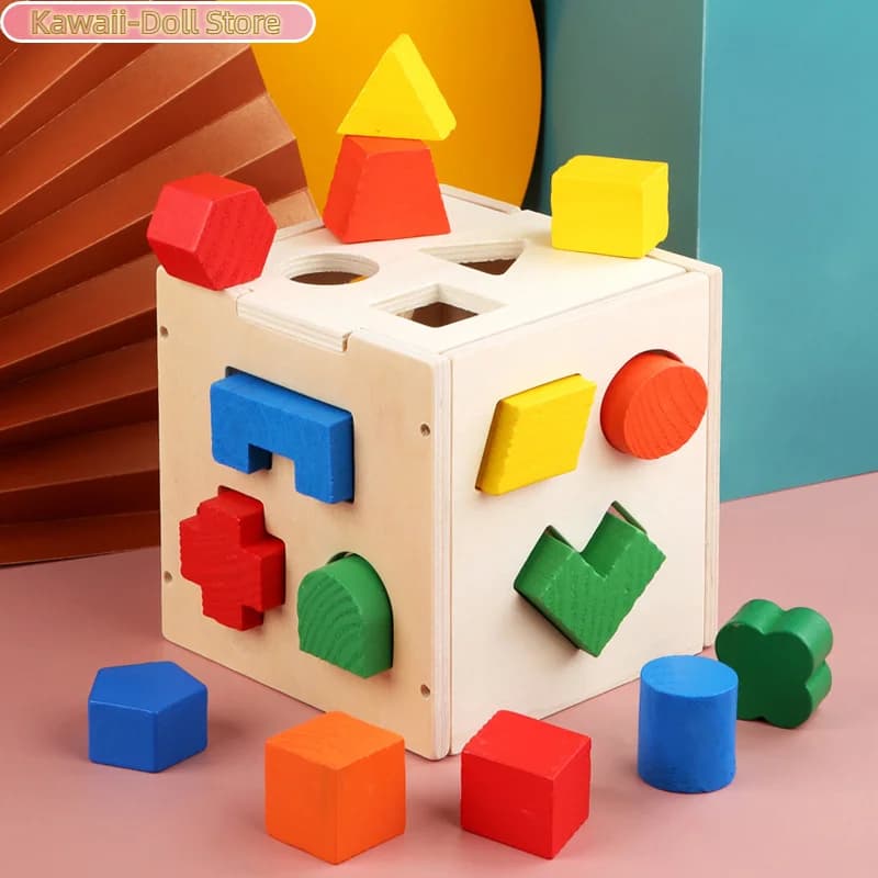 Scatola Intelligente Montessori con 15 Fori, Puzzle 3D di Forme Geometriche, Blocchi di Costruzione Tridimensionali in Legno per l'Educazione Precoce