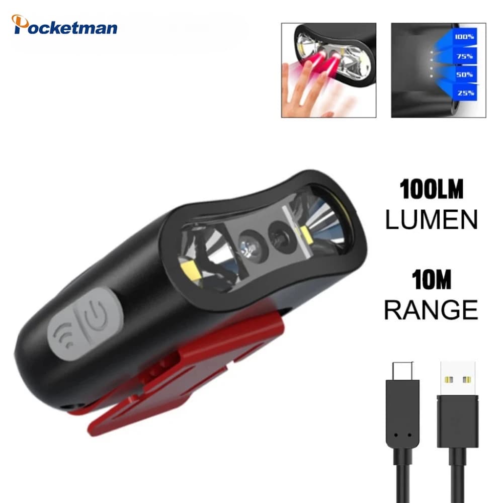 Powerful LED front lamp with cap clip, USB rechargeable front lamp, outdoor waterproof camping lamp, induction lamp