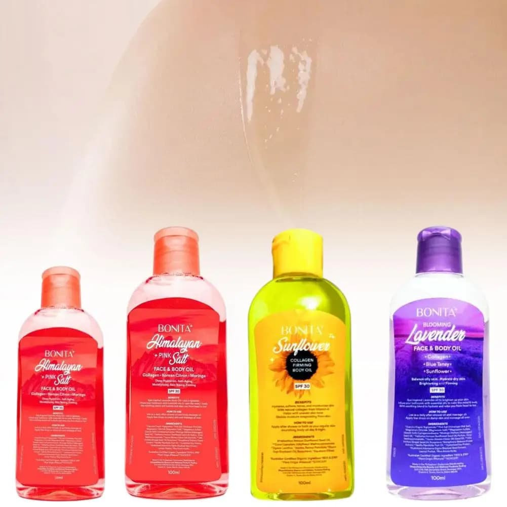 Collection of Oils for Face and Bonita Body, Formula with Rose Salt of the Himalayas, Sunflowers and Lavender, Hydrating Collagen for Skin Care