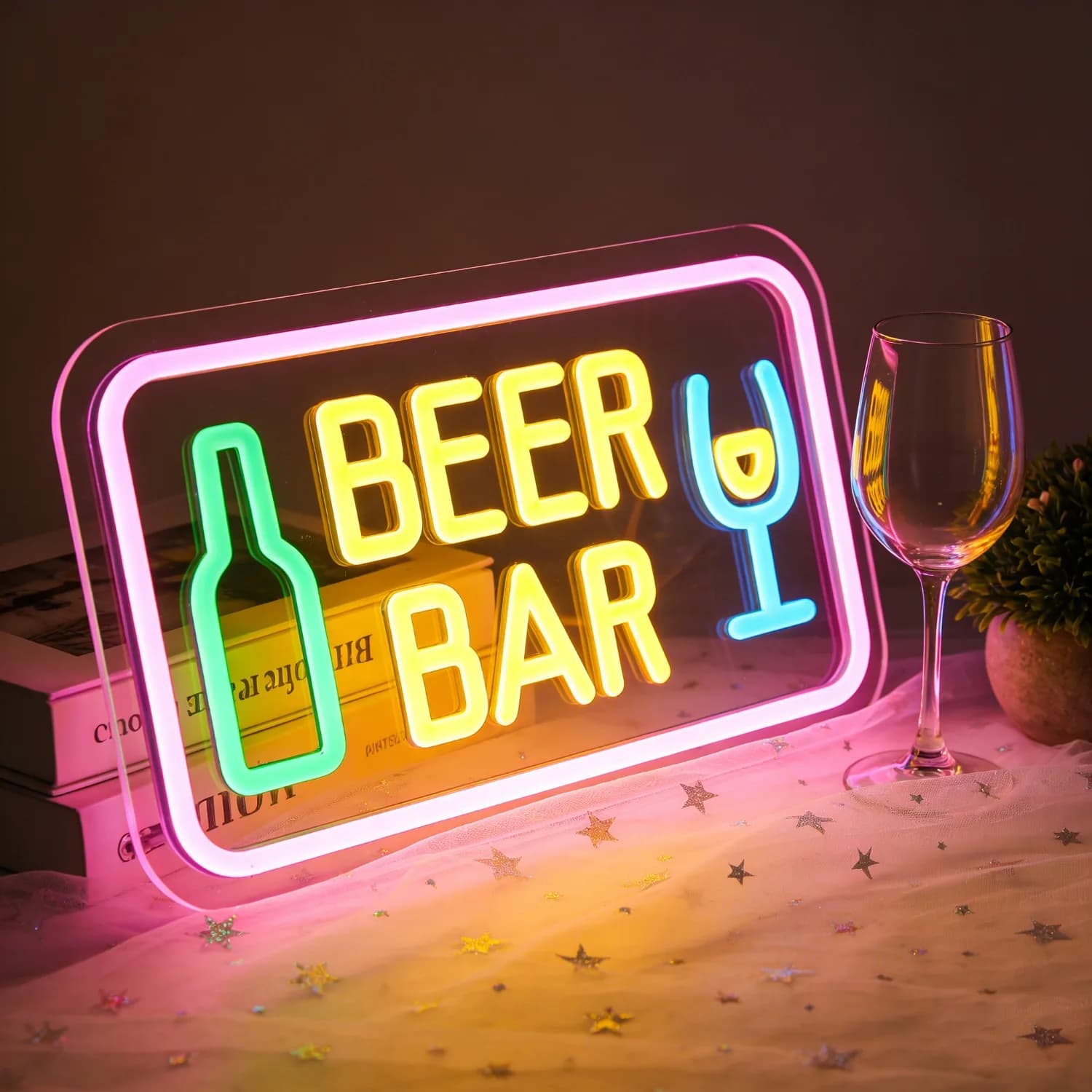 Insegna al Neon LED per Bar, Decorazione per Casa, Man Cave, Pub, Crea un'Atmosfera Accogliente, Arte Murale con Design di Bottiglia e Bicchiere