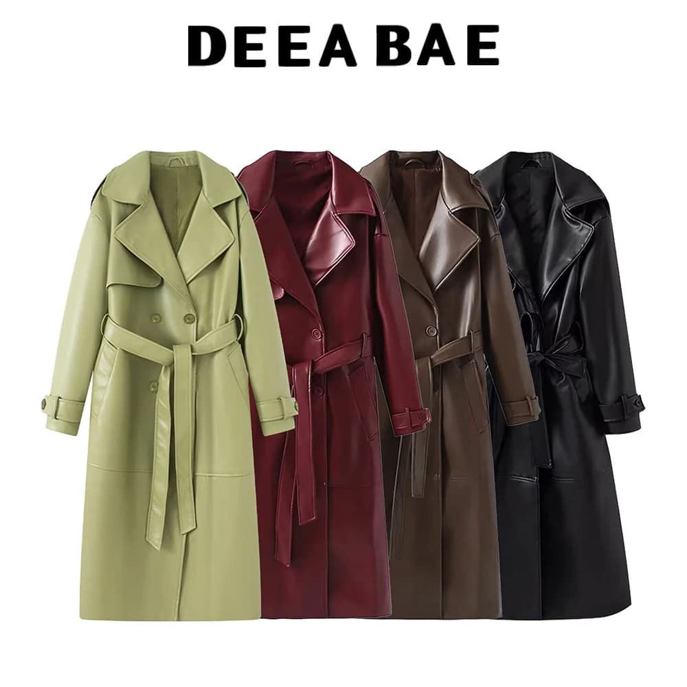 DEEABAE Fashionable long sleeves for autumn women with wide waist belt, long wind jacket in leather