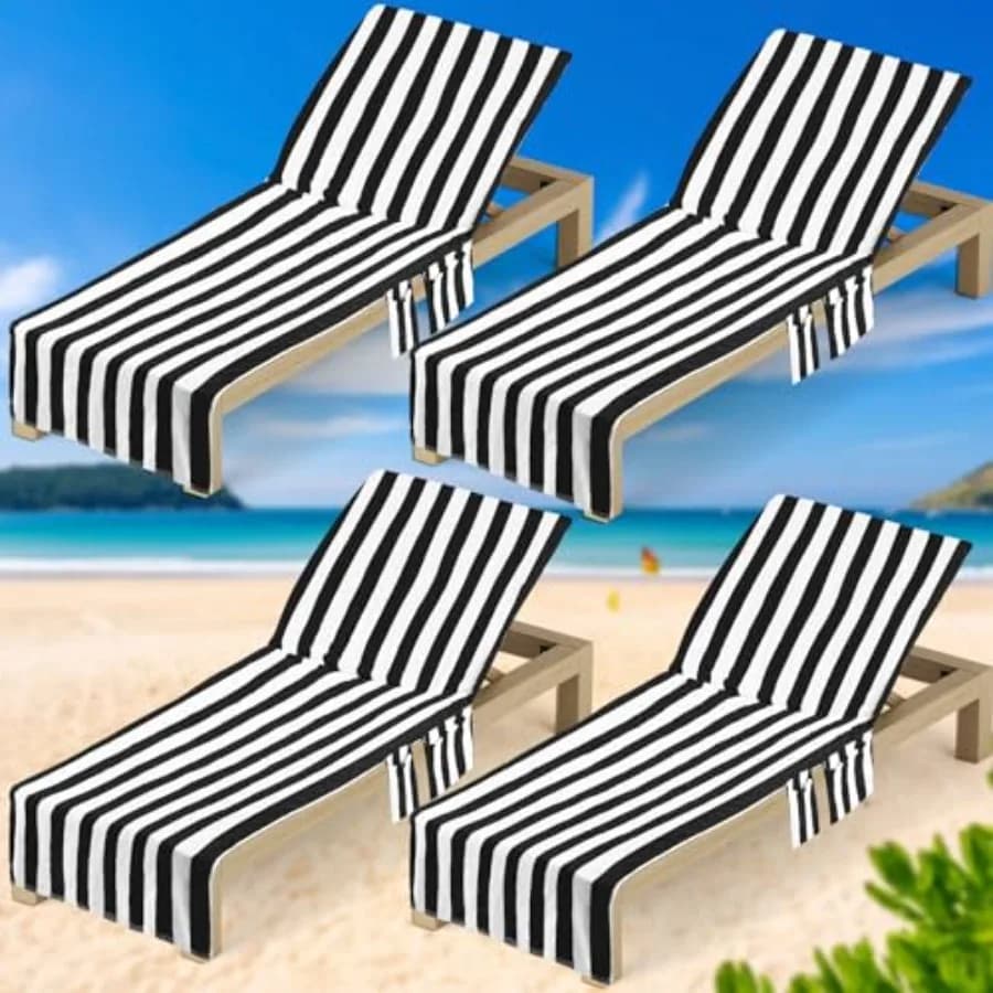 VitalCozy Set di 4 Coperture per Sedie da Piscina in Puro Cotone, Coperture per Cuscini di Sedie a Sdraio con Tasche Superiori e Laterali, Teli da Spiaggia Extra Large