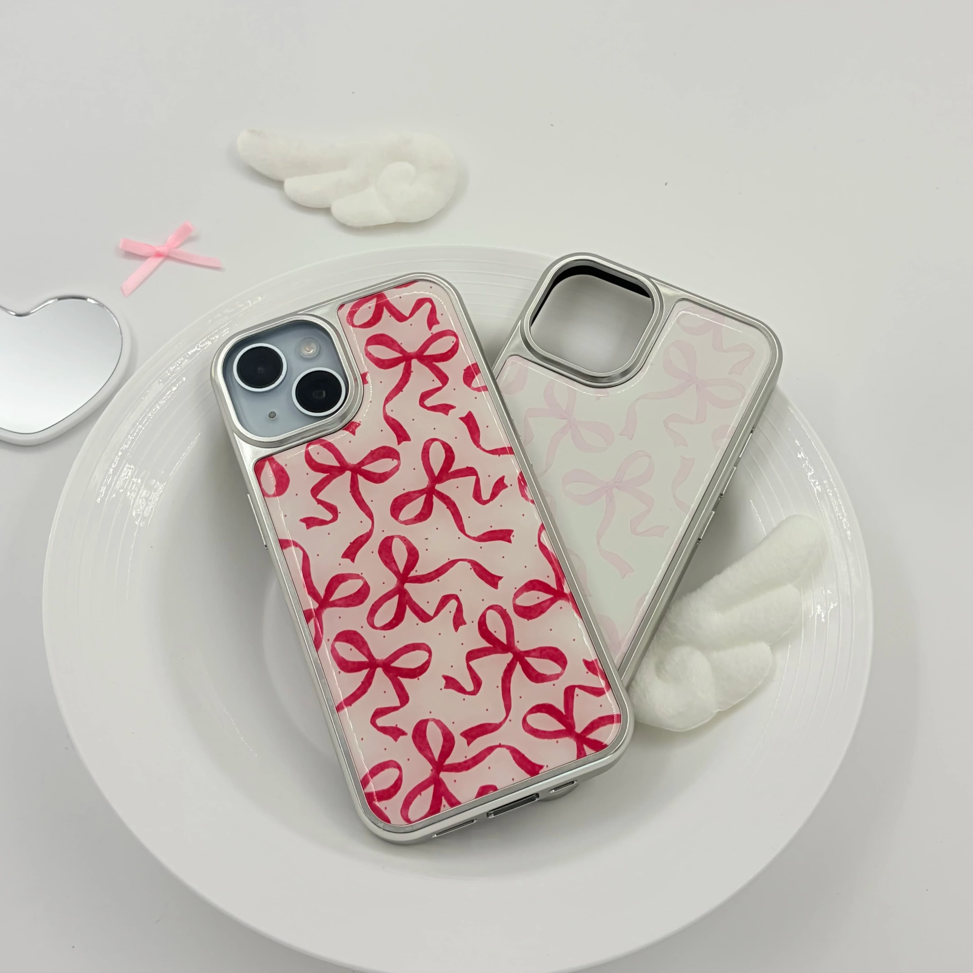Korean Ins Cartoon Girls' Hearts Polka Dots Red and Pink Bow Phone Case For Samsung S 23 24 25 26 FE ULTRA EDGE PLUS Y2K Cover