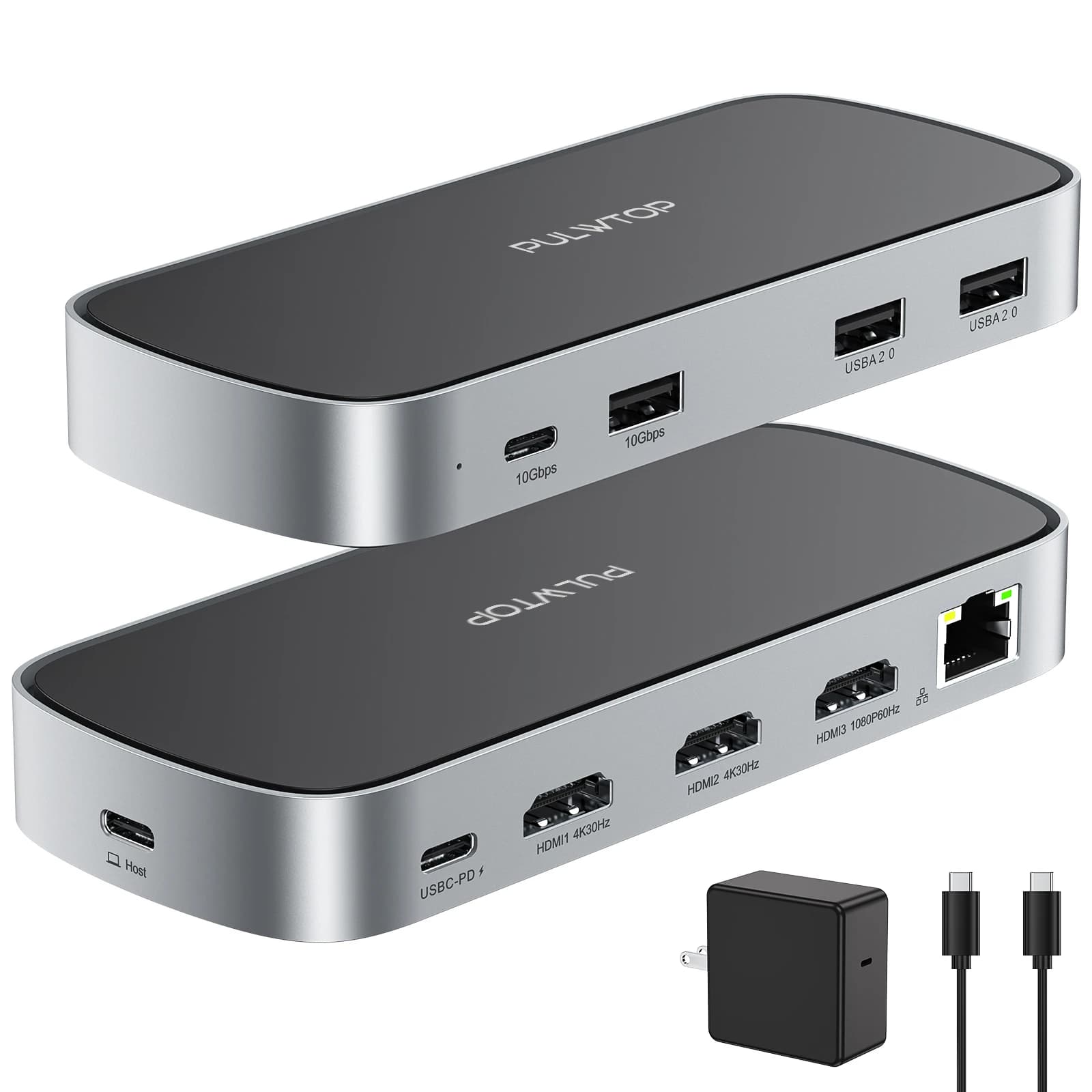 Docking station USB C a triplo display PULWTOP con adattatore di alimentazione da 65 W, docking station per MacBook M1/M2/M3/M4/M5 macOS/Windows