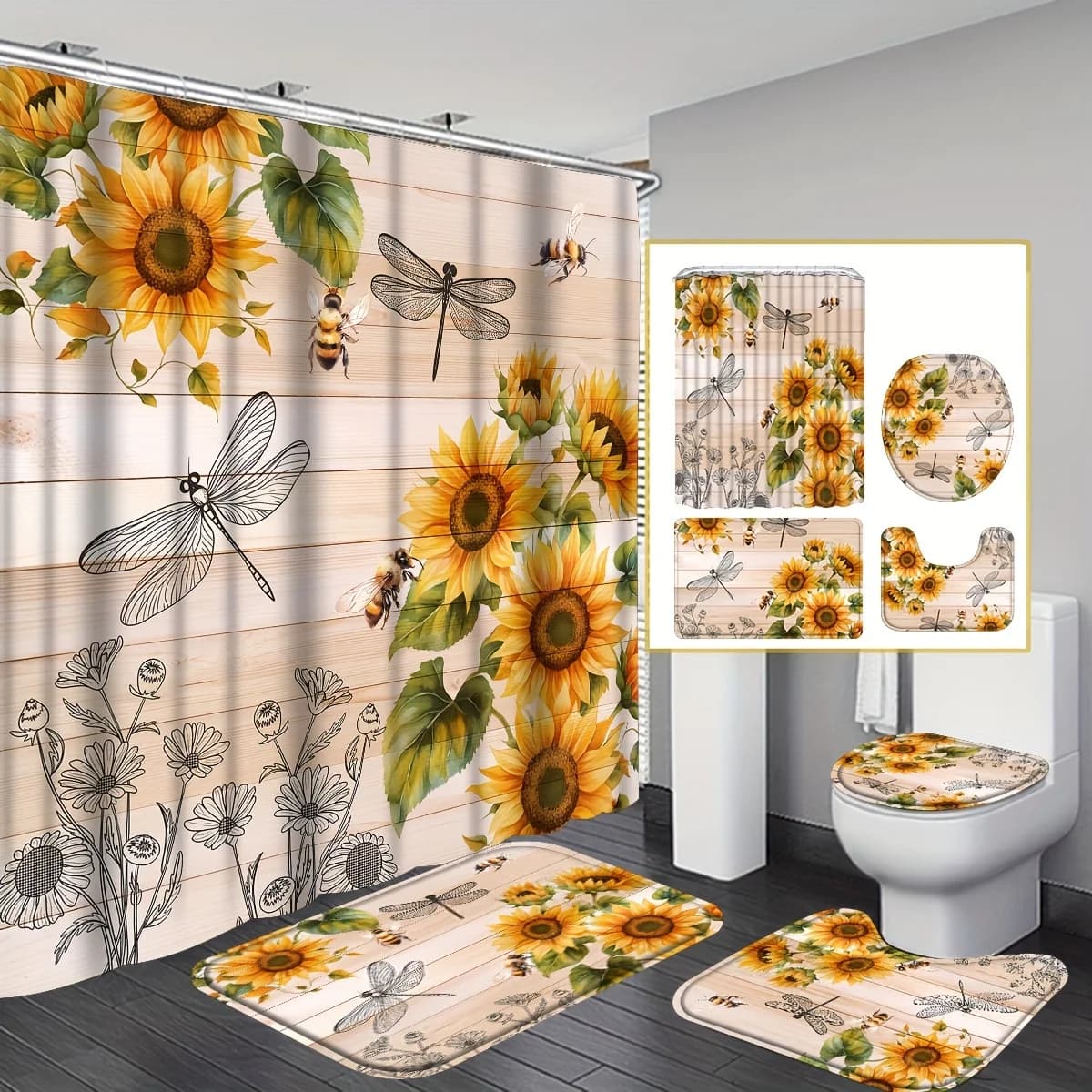 Sunflower and Dragonfly Bathroom 10-Piece Set: Waterproof Shower Curtain, Bath Mat, Toilet Cover – Elegant Home Decor