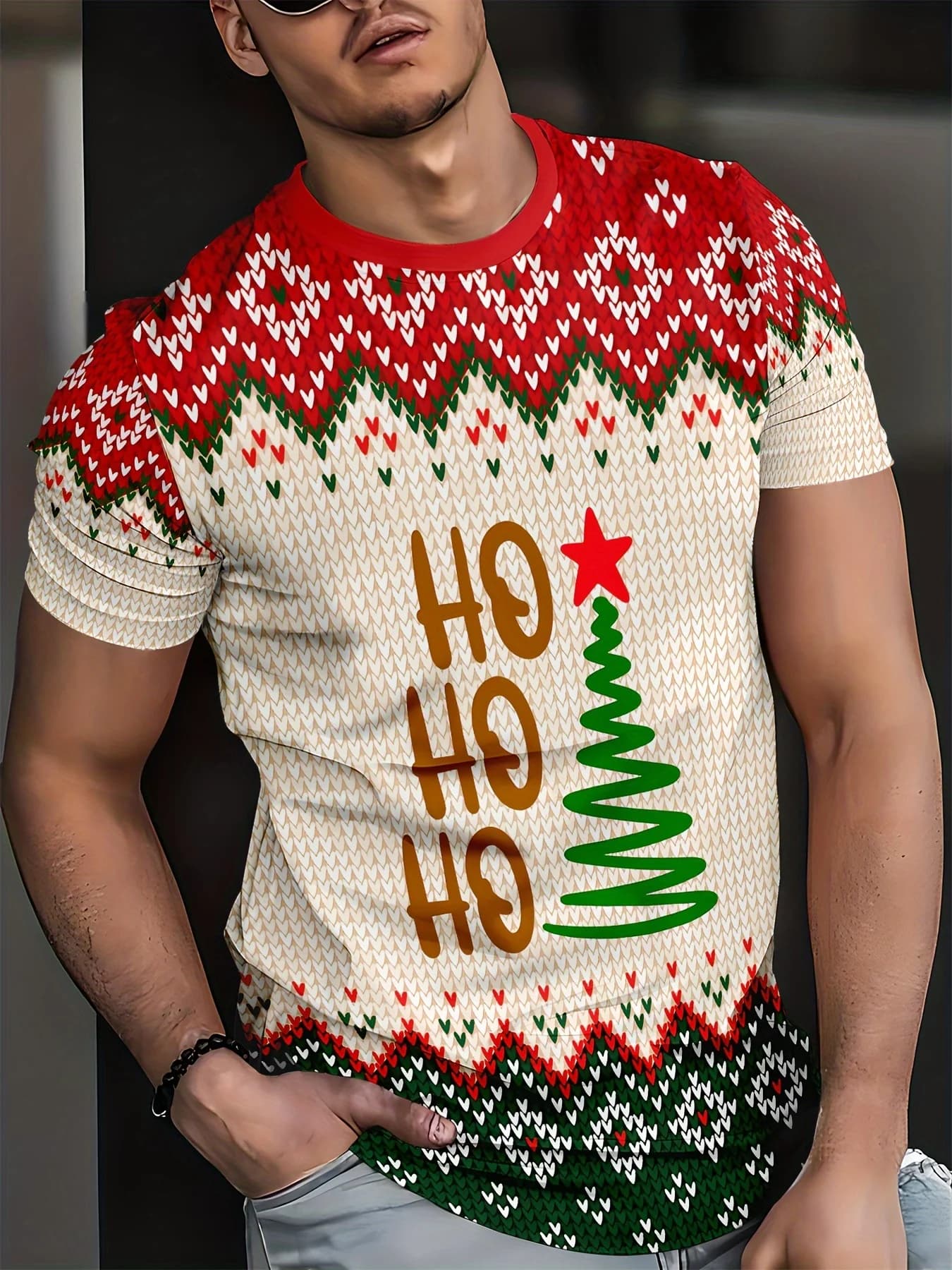 Men's Ugly Christmas Sweater Print T-Shirt Xmas Tree HO Holiday Crew Neck Tee