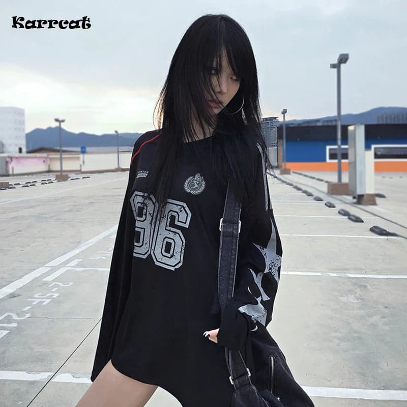Karrcat Trashy Y2k Jersey Tops Grunge Aesthetics T-shirt con stampa numerica Vintage anni 2000 Manica lunga Streetwear American Retro 90s