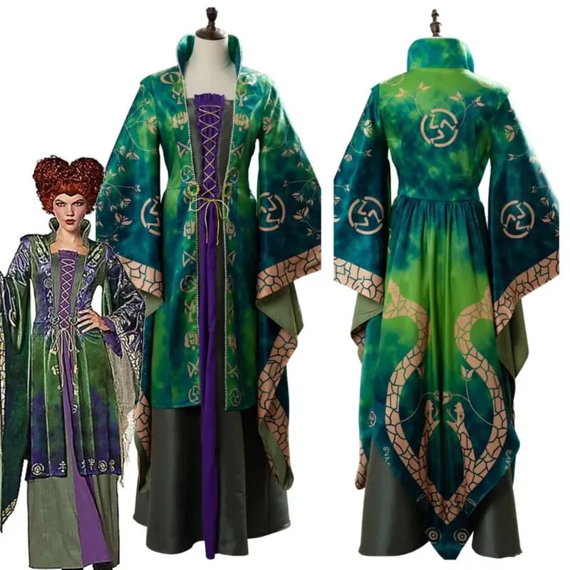 Hocus SKZ3620Y Cosplay Pocus Halloween Costume Winifred Sanderson Dress Cloak Suit 17th Century Witch Women Stand Collar Tunic