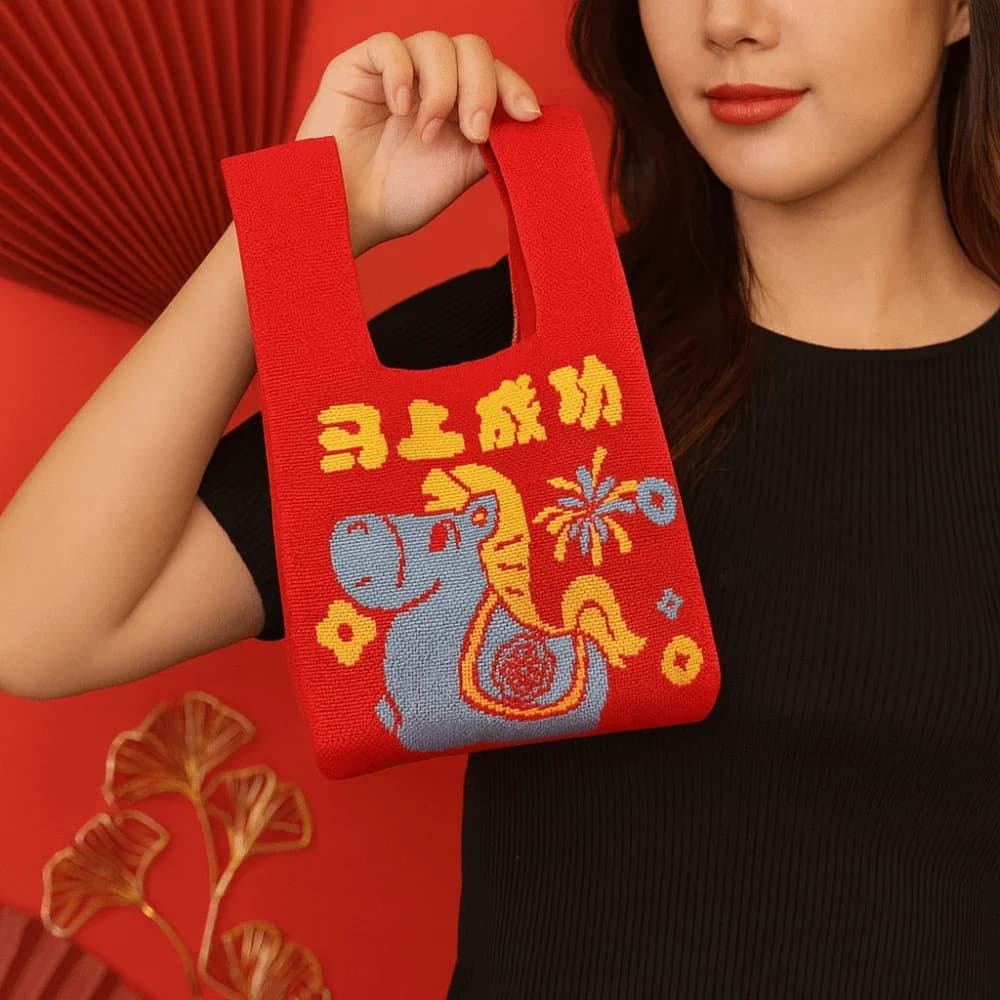 2026 Anno del Cavallo Borsa da polso con nodo a cavallo Tessuto Borsa in maglia di Capodanno in stile cinese Borsa a secchiello in lana riutilizzabile fatta a mano Shopping