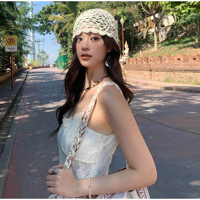 Hand-woven Sequined Hollow Pullover Hat Spring Summer Crochet Colorful Mesh Sun Hat Outdoor Travel Fashion Joker Breathable Hat