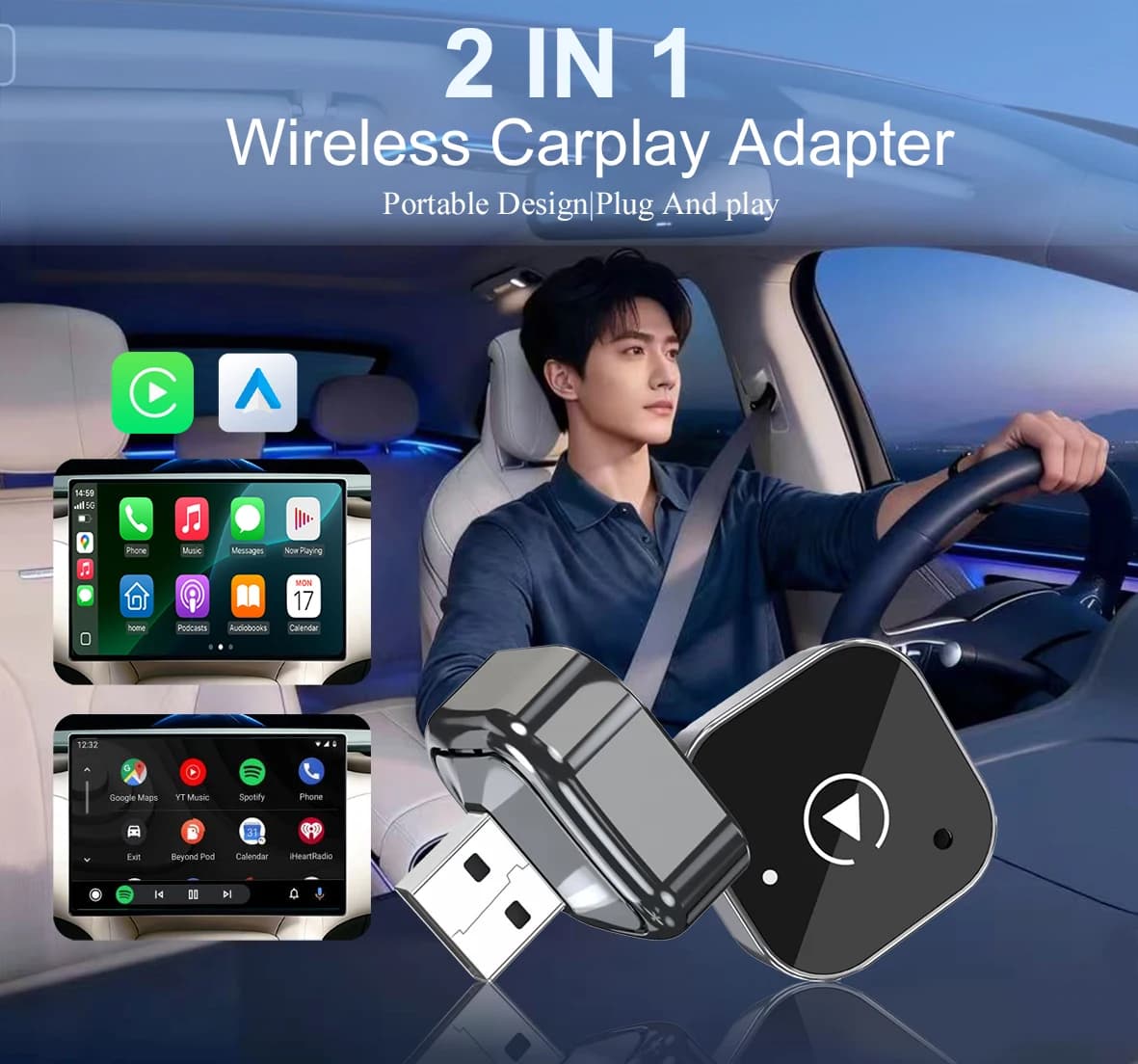 Dongle Carplay wireless 2 in 1 Adattatore Android Auto AI Smart Box Plug Play per auto con sistemi intelligenti per auto CarPlay cablati