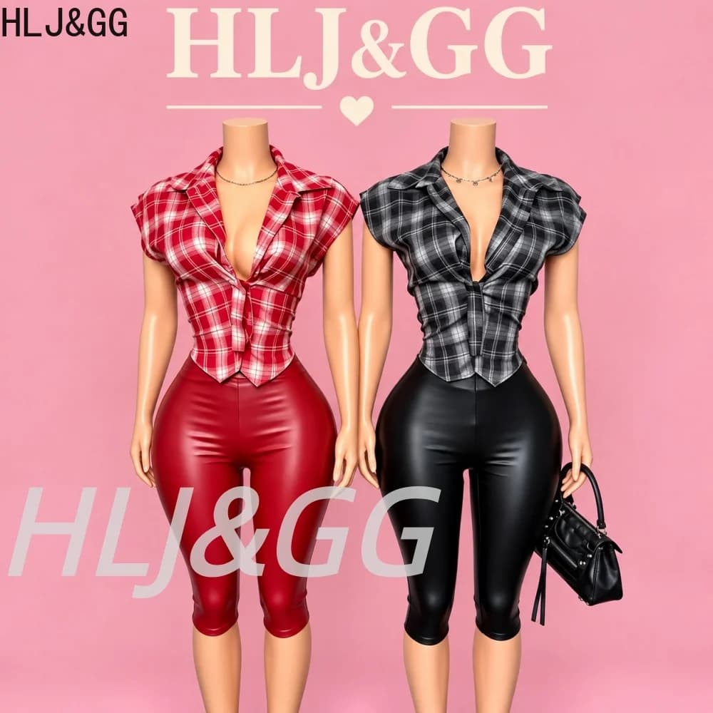 HLJ&GG Trend Plaid Print Tshirts Two Piece Sets Women Lapel Sleeveless Slim Top And Leather Capri Pants Outfits Retro Streetwear