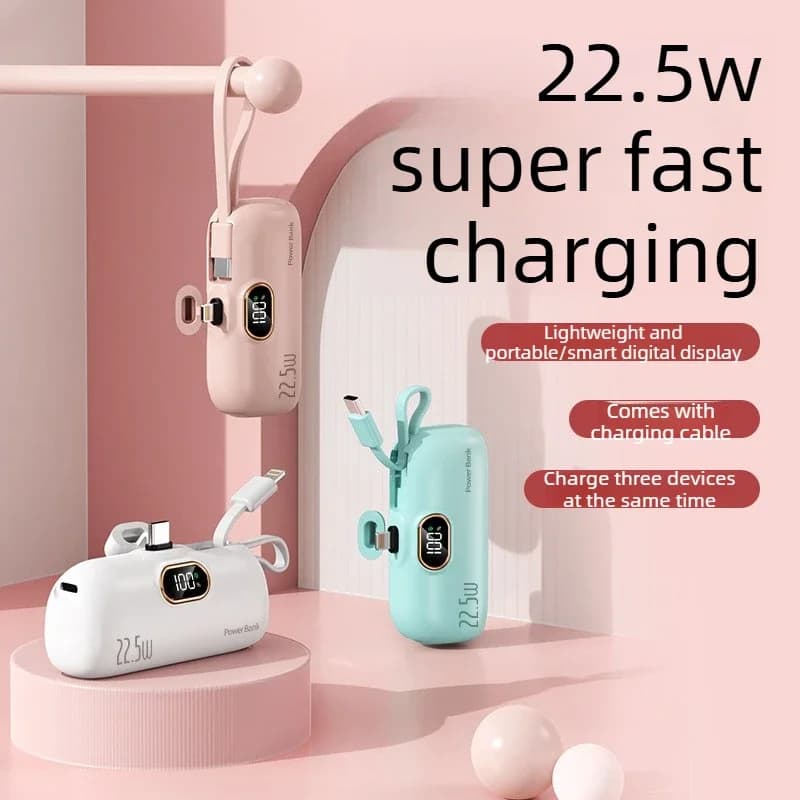 Power bank a capsula da 5000mAh, mini, ultrasottile, compatto e portatile con cavo integrato, alimentatore mobile con ricarica rapida PD per Android.