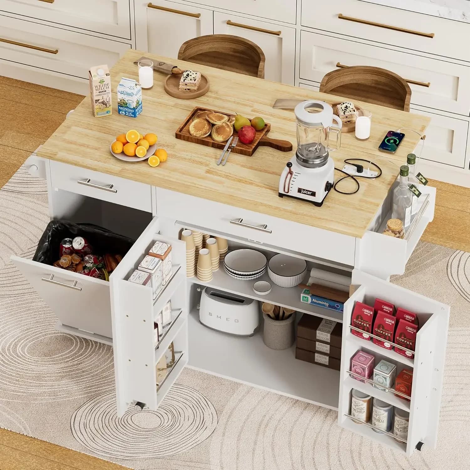 Isola da Cucina Mobile con Contenitore per Rifiuti, Carrello da Cucina Portatile su Ruote con Piano Ribaltabile e Presa Elettrica, Personalizzabile