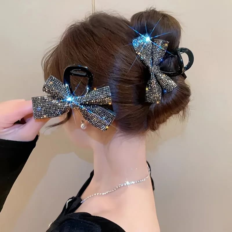 New Bow Full Rhinestone Hair Clip Elegant High-End Light Luxury Shark Clip Rhinestone Hair Accessory for Women