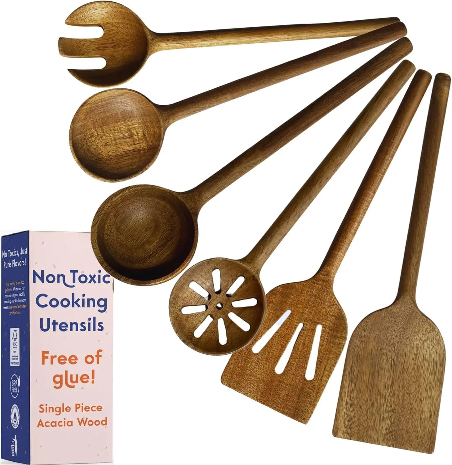 Set of 6 Kitchen Tools in Natural Wood, Monobloc Design Without Colla with Vegetal Base Finish, Non-toxic Kitchen Tools