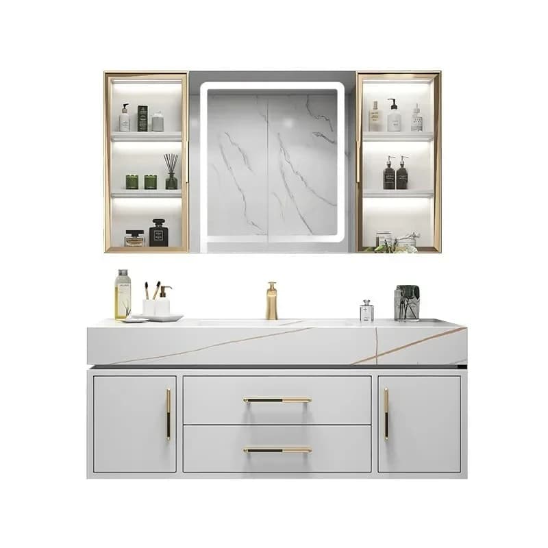 Lavabo intero senza cuciture in ceramica con piastra in pietra, mobiletto da bagno, mobiletto da bagno con specchio in vetro, per lavare le mani e il viso