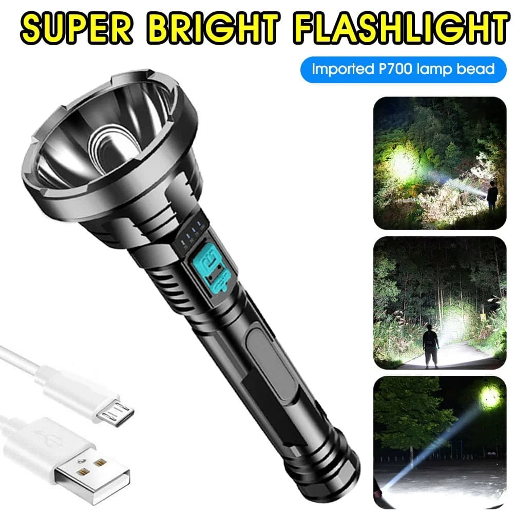 Large Long Range Home Outdoor Flashlight Strong Light LED Flashlight ABS USB Charging Battery Display