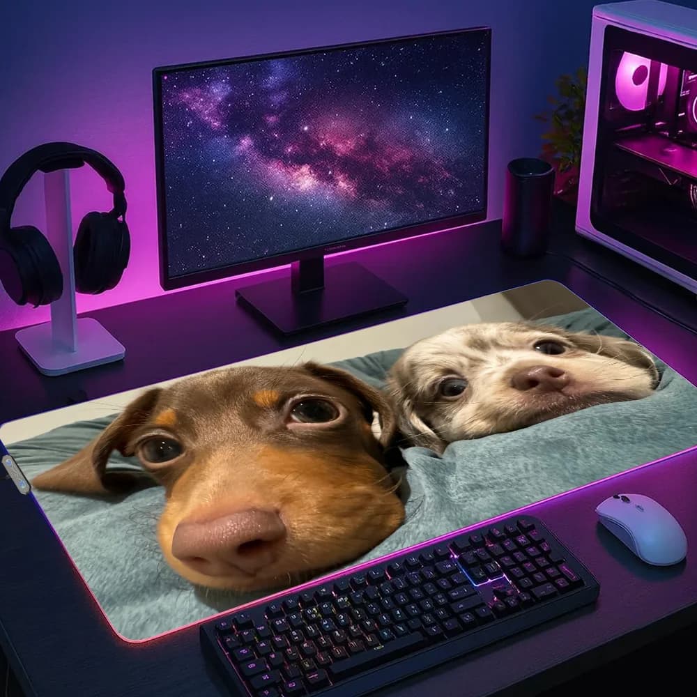 Tappetino per mouse da gaming LED XXL con design Bassotto, simpatico cucciolo Kawaii, retroilluminato RGB Micro USB in gomma per scrivania