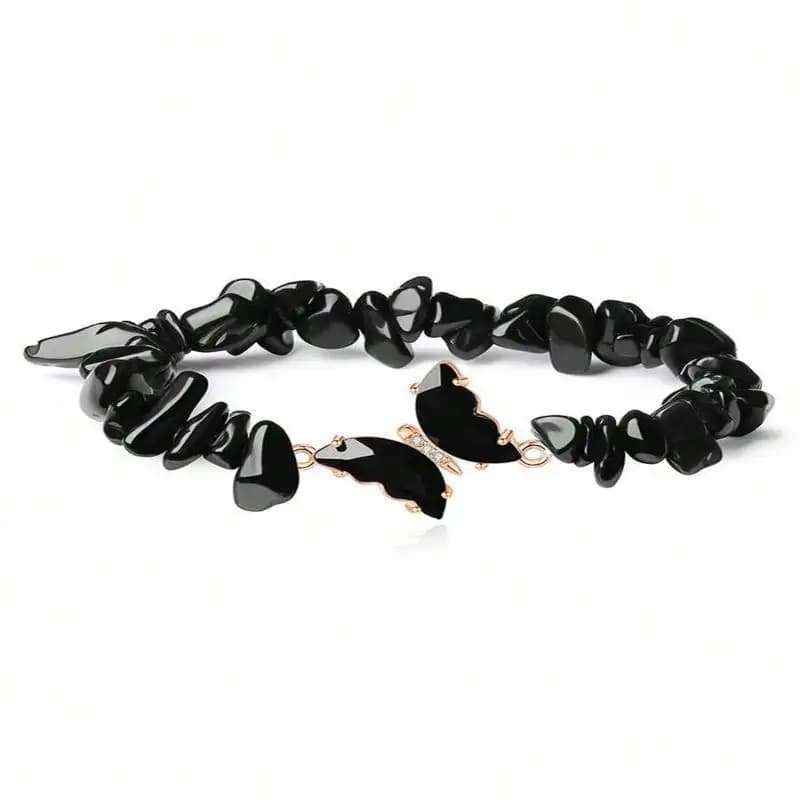 Set di 2 Bracciali Elastici con Perline di Ametista, Ossidiana e Quarzo a Forma di Farfalla per Donne, Energia Positiva per l'Uso Quotidiano