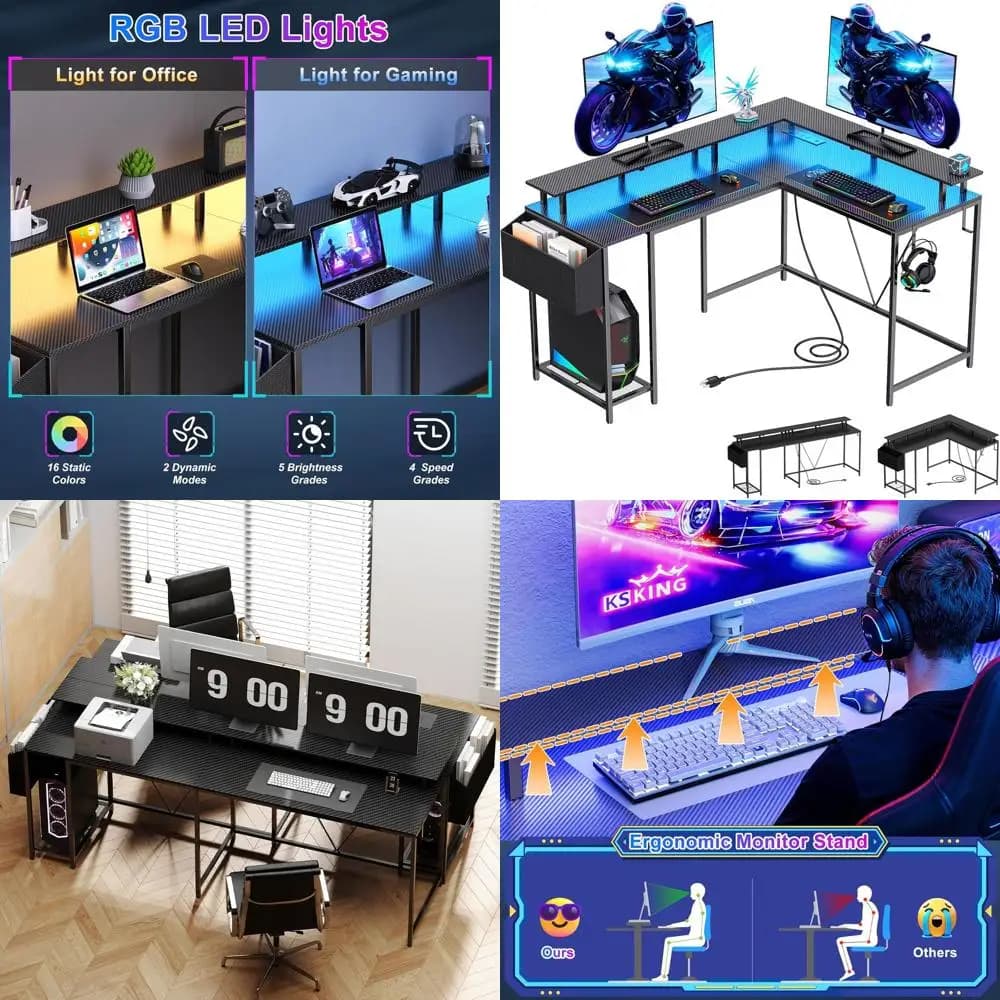53 Inch L Gaming Desk with Current Clamps, LED Lights, Monitor Support, Storage Bag - Double Workplace for Office or Bedroom