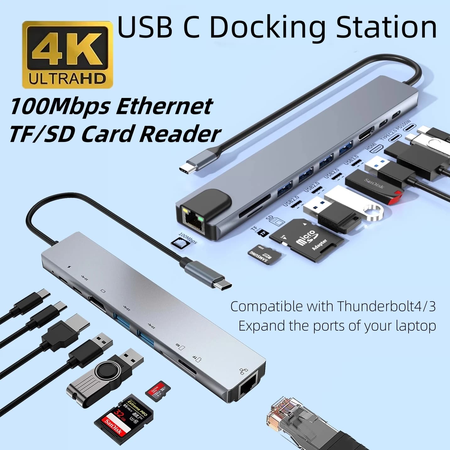Docking station USB C con hub splitter USB multiporta 4K@30Hz compatibile HDMI 100Mbps Ethernet PD100W per laptop Thunderbolt3/4