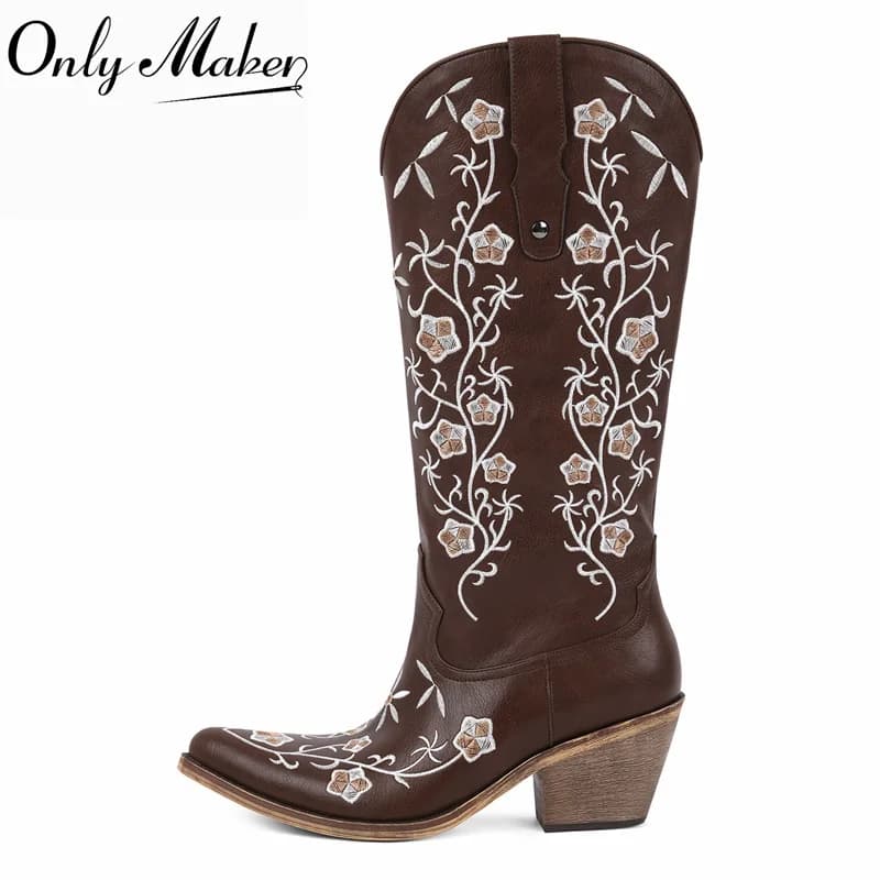 Onlymaker Pointed Toe Floral Embroidered Cowboy Western Boots Block Heel Side Zipper Knee High Retro Big Size Cowgirl Boots